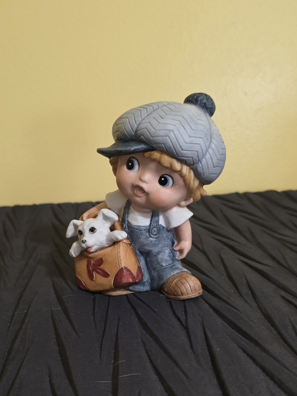 Homco Figurine Boy with Gray Cap and Blue Overalls